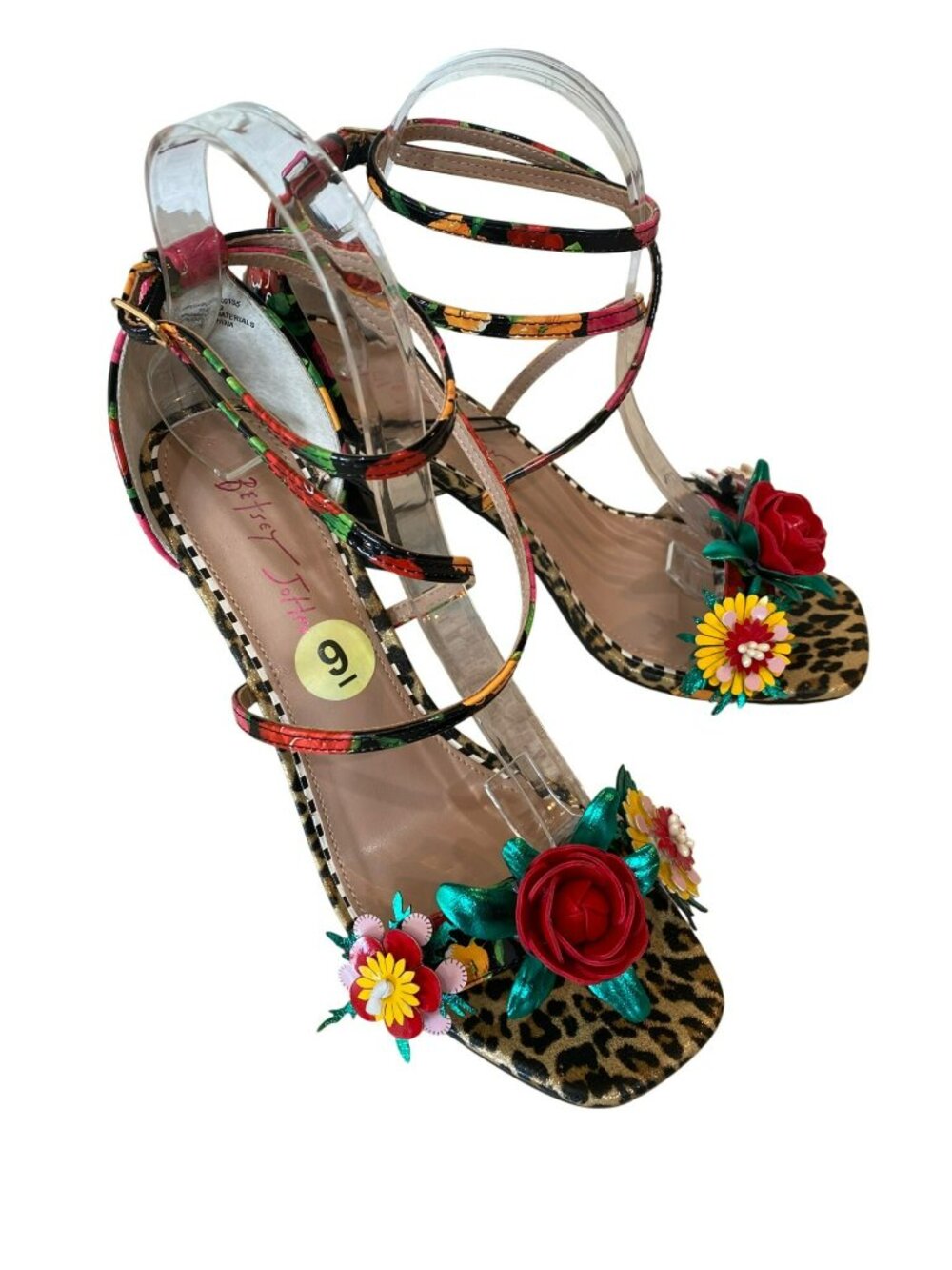 Betsey Johnson Floral Leopard Print Strappy Heels Size 9 - Picture 2 of 13